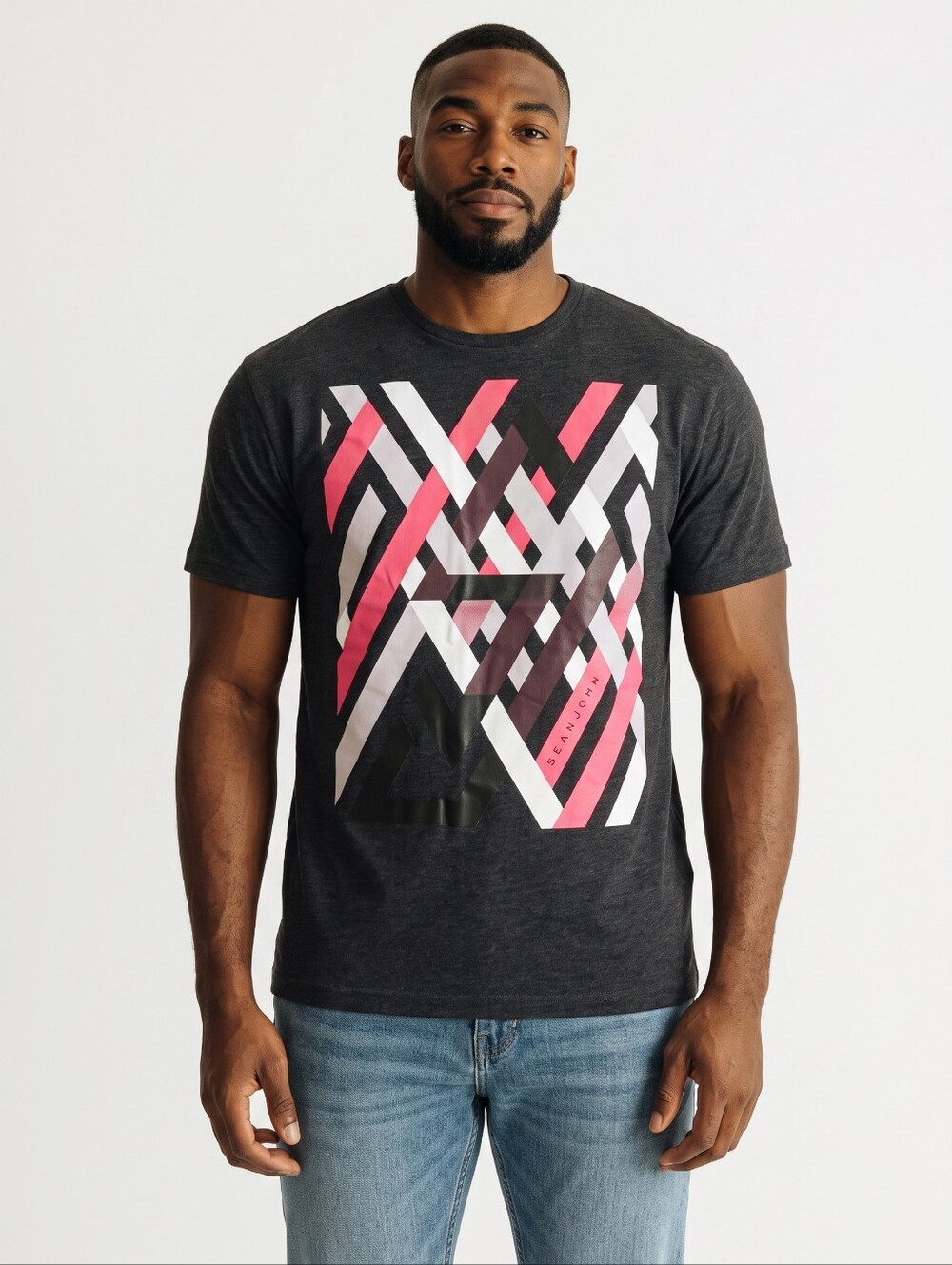 Sean John Charcoal Short Sleeve Tee with Pink & White Geometric Print